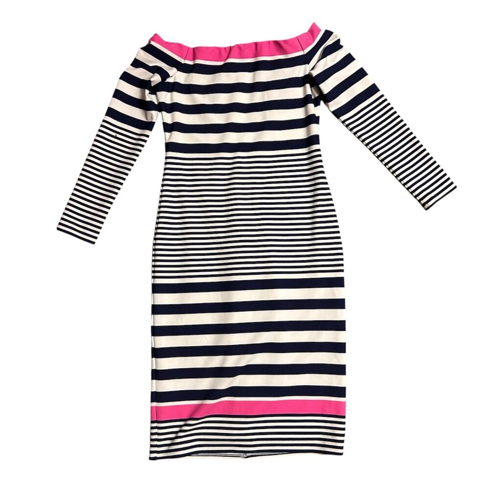 Eliza J, Women's Midi Off the Shoulder Dress, Navy White Pink Stripe, Size 6